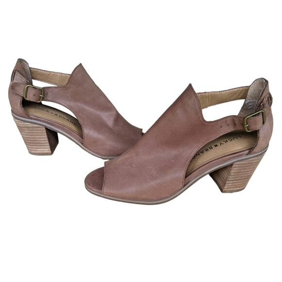Lucky Brand Kerne Tan Leather Ankle Booties Open Toe Size 6.5 Stacked Heel - Picture 1 of 6